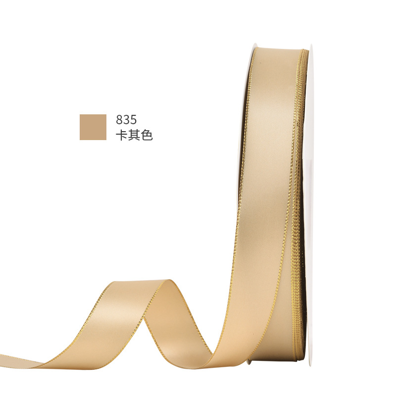 Cinta de alta densidad de la fábrica de cintas Yao Ming, cinta de regalo con borde dorado, cinta para pasteles, cinta de satén, cinta para decoración de ramos