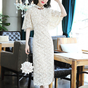 Women White lace Qipao dresses  Chinese dresses long standing collar Qipao two piece shawl cheongsam dresses female
