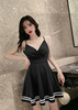 V-neck low chest suspender dress with open back and waistband stitching A-line large swing skirt with bottom skirt