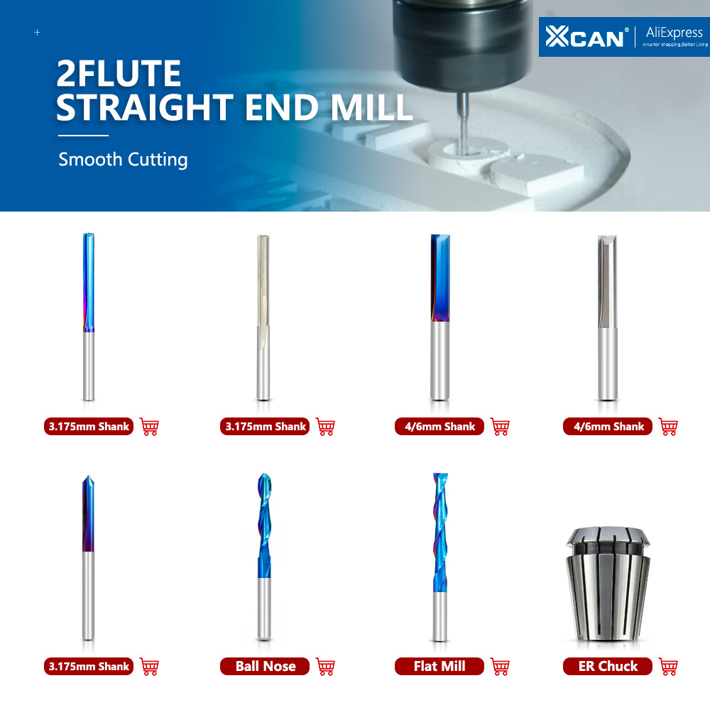 XCAN 1pc 4mm/6mm Shank 2 Flute Straight End Mill Carbide CNC Router Bit Engraving Bit Straight Slot Milling Cutter