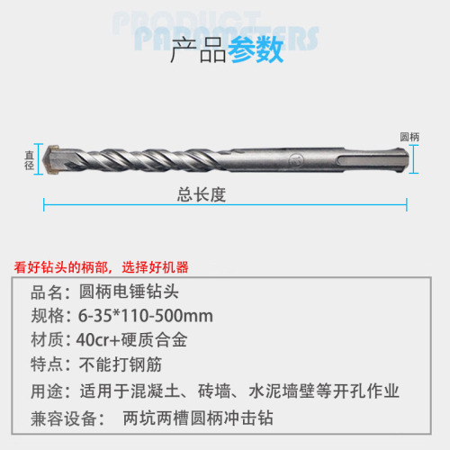Electric hammer impact drill bit with two pits and two grooves, round handle, through-wall cement concrete reaming drill bit with double grooves SDS plus