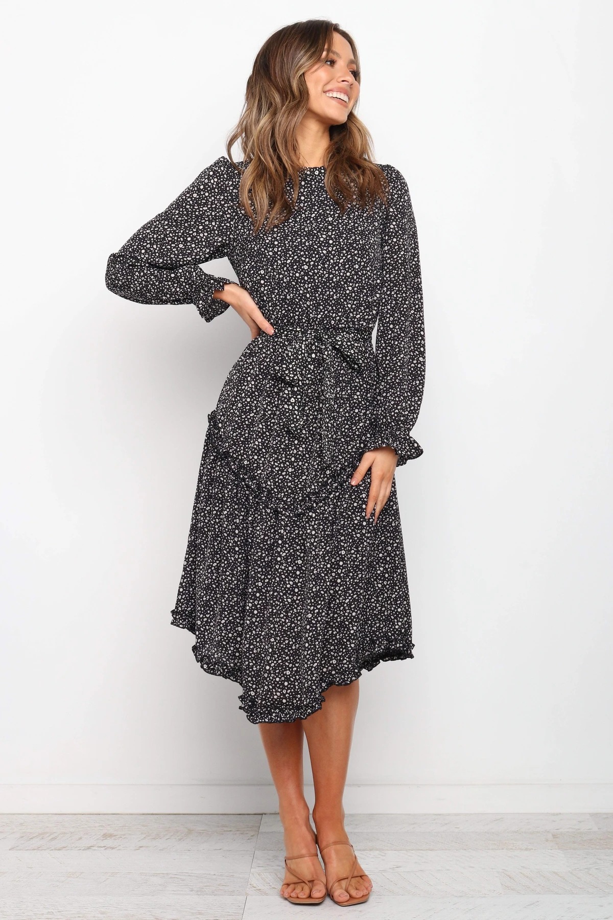  half-high collar long-sleeved waist belt printing mid-length dress NSYD3719