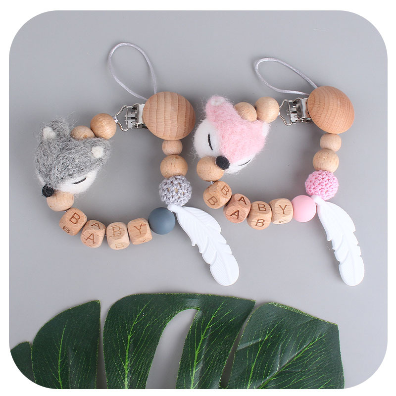 Bebé haya chupete clip de dibujos animados zorro juguete bebé calmante silicona pluma mordedor chupete cadena anti-perdida