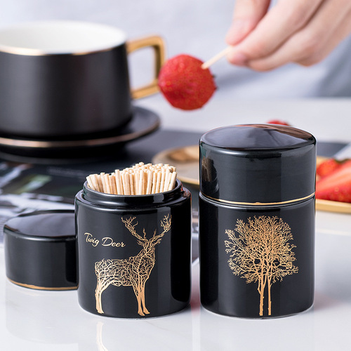 Light luxury emerald ceramic toothpick holder household toothpick box cotton swab storage box bucket restaurant hotel high-end toothpick jar