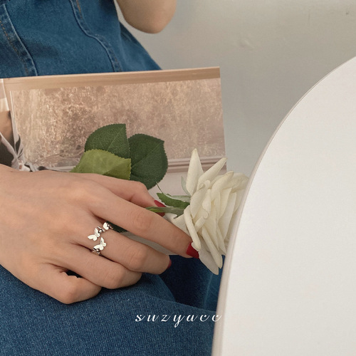 Korean Butterfly Old Open Ring Women's S925 Silver Fashion Personality Simple Ins Trendy Index Finger Ring