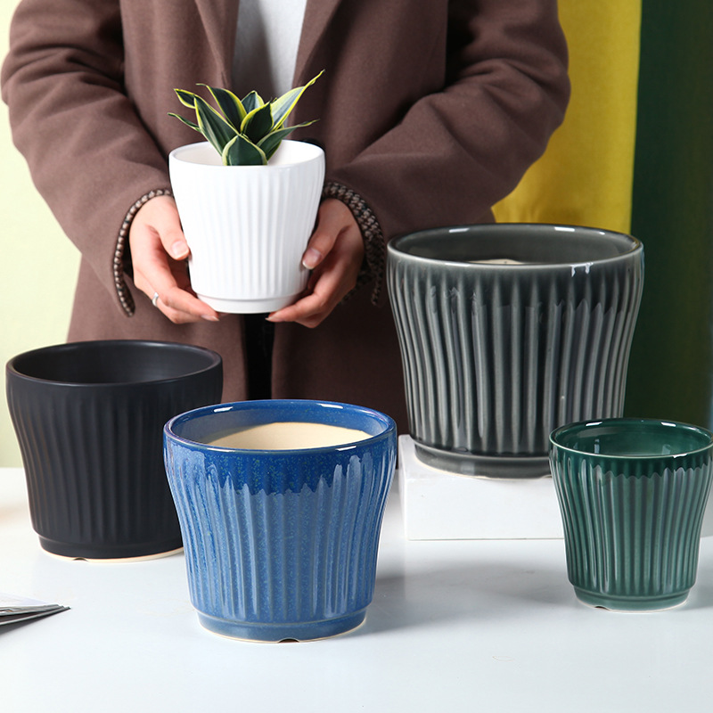 陶瓷花盆园艺跨境亚马逊大中小号套装现代简约条纹哑光亮光裂纹釉