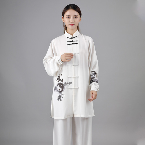 White with black Chinese tai chi clothing kung fu suit women's elegant color painting three piece suit for competition performance cltohes