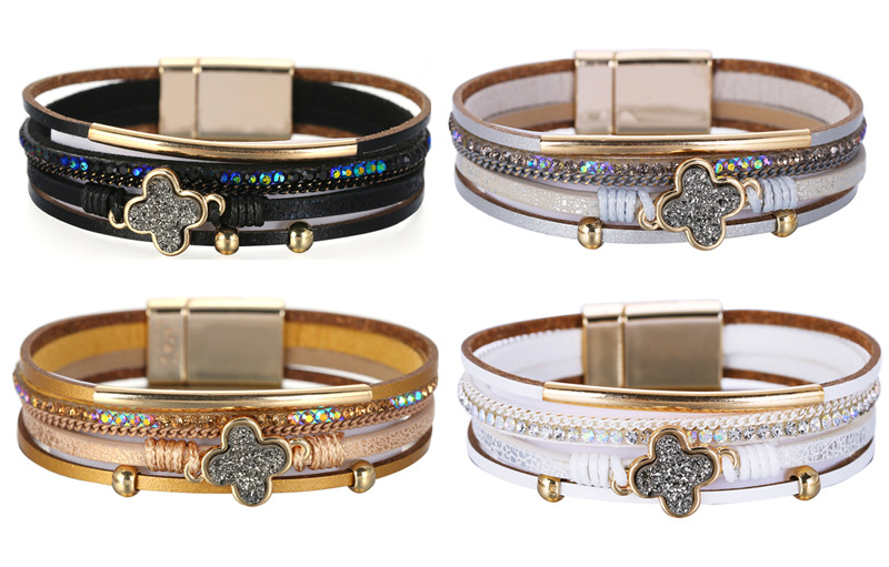 1 Piece Retro Four Leaf Clover Pu Leather Alloy Handmade Rhinestones Womenu0027S Bangle