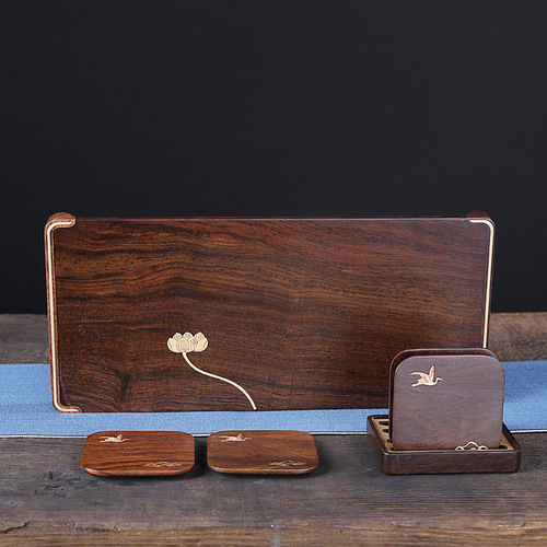 [Copper Wood Coaster] Black sandalwood whole solid wood log inlaid with brass kung fu tea ceremony anti-scalding accessories tea cup holder
