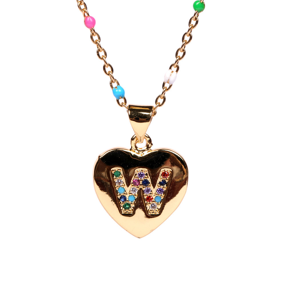 26 letters colorful zircon heart-shaped pendant necklace wholesale