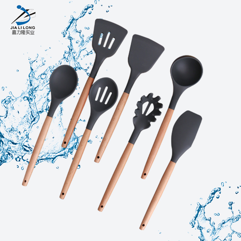 跨境亚马逊榉木柄硅胶厨具11件套厨房用具硅胶烹饪勺铲套装食品级