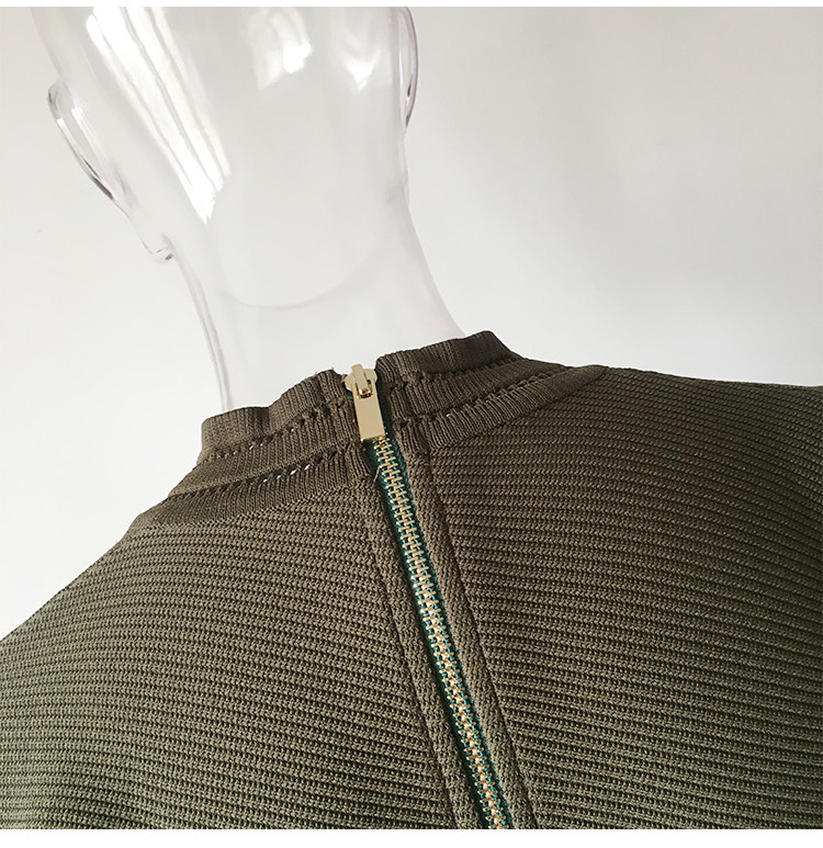 Spring Knitted Short Sleeved V neck Dress Sheath Army Green Black Texture