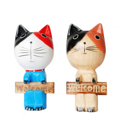 歐式動物圓雕 木質工藝品 做舊木馬擺件 創意家居單只站立貓擺件