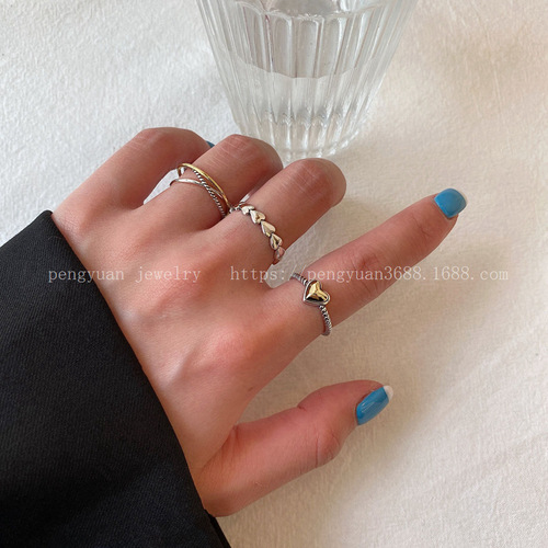 Korean version 925 silver color line cross ring female retro internet celebrity simple ins trendy opening