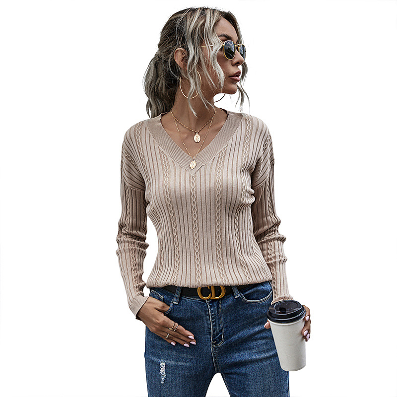 Einfarbiger, schlankmachender Jacquard-Strickpullover mit V-Ausschnitt und einfacher Innenschicht_voghion.com