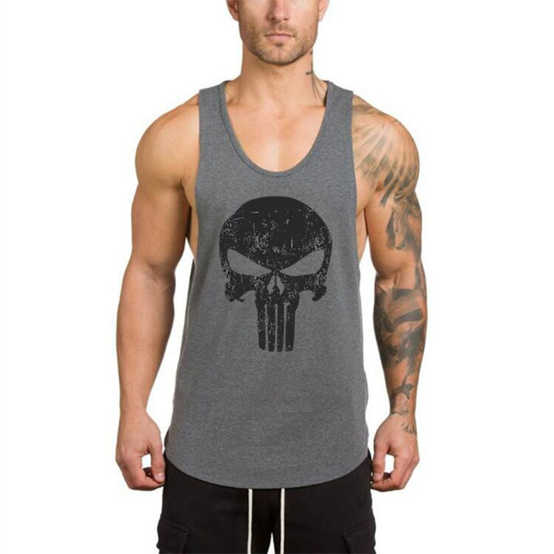 Men's skulls printed vest cotton deep digging squat comprehensive training bodybuilding V-neck vest Men's skulls printed vest cotton deep digging squat comprehensive training bodybuilding V-neck vest