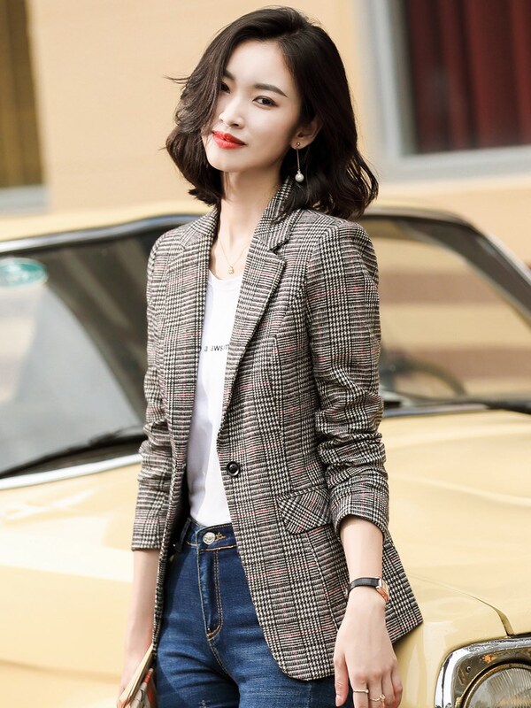 Plaid Suit Jacket Women's Autumn and Winter Thickened Korean Style Spring and Autumn Casual Top Slim-fit Woolen Suit Winter Thick