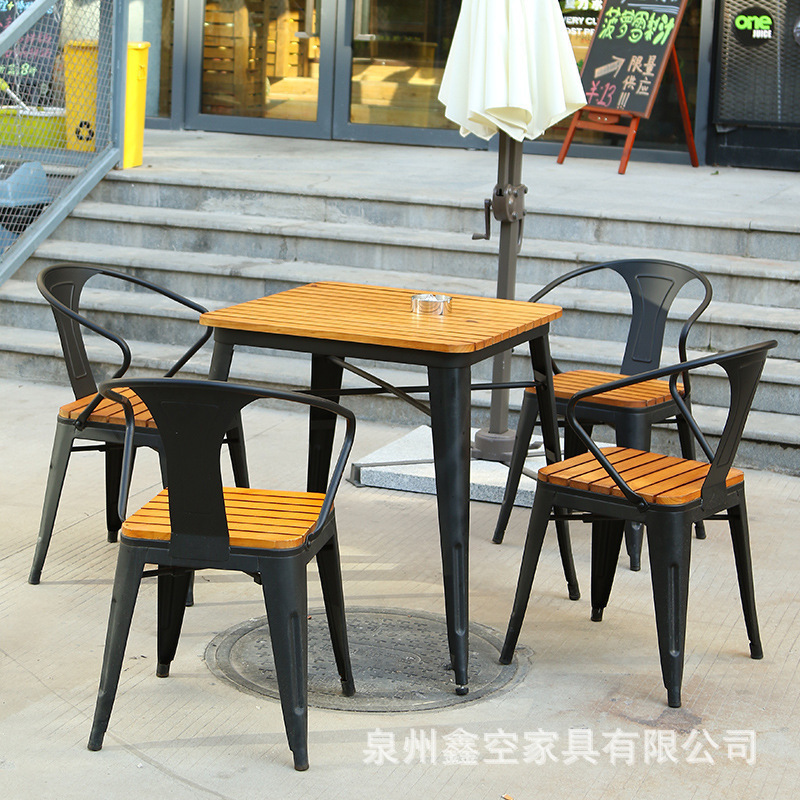 Outdoor home iron solid wood dining table and chair combination hotel balcony wooden table chair long tables, long table milk tea shop tables and chairs