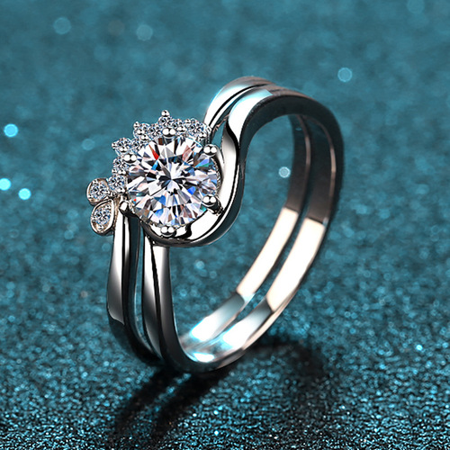 S925 sterling silver ring for women, two-piece set, two-band moissanite ring plated with pt950 gold, factory direct supply and wholesale