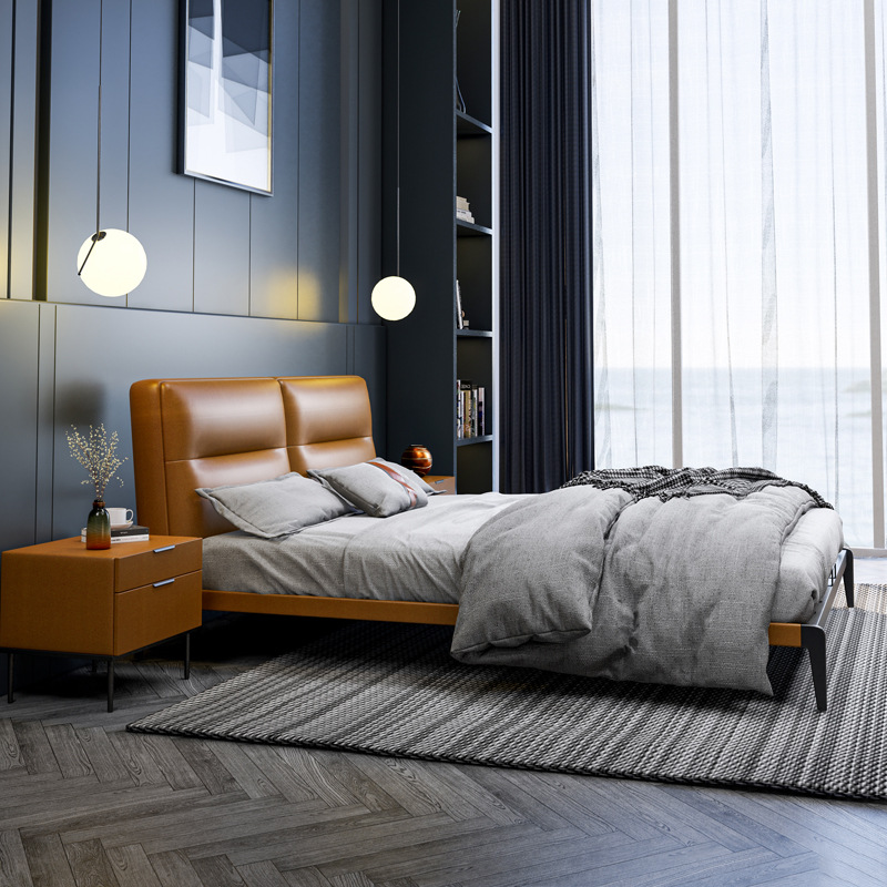 Cama matrimonial moderna minimalista de tamaño king de 1.8 m, cama de matrimonio de cuero genuino, cama tapizada con estructura de hierro, capa superior suave de estilo italiano minimalista