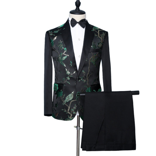 Men youth green flowers jazz dance blazers coats male han edition embroidery suit MC host chorus club bar studio wedding dress suit set