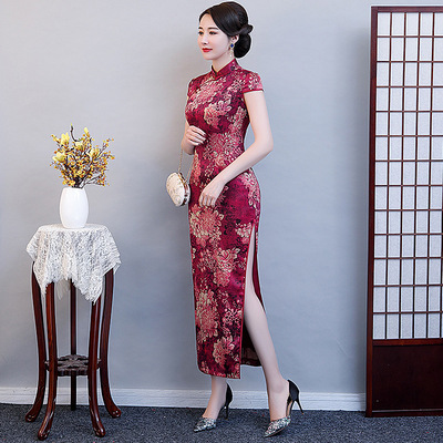 Chinese Dress Qipao for women Long cheongsam skirt women&apos;s short sleeve retro ceremonial dress