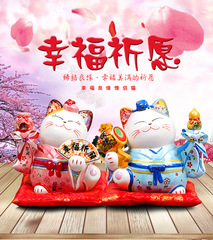 Fu Yuan Cat 8-inch Happy Union Couple Cat Ceramic Money Frog Bank Wedding Gift Decor Pair of Cats