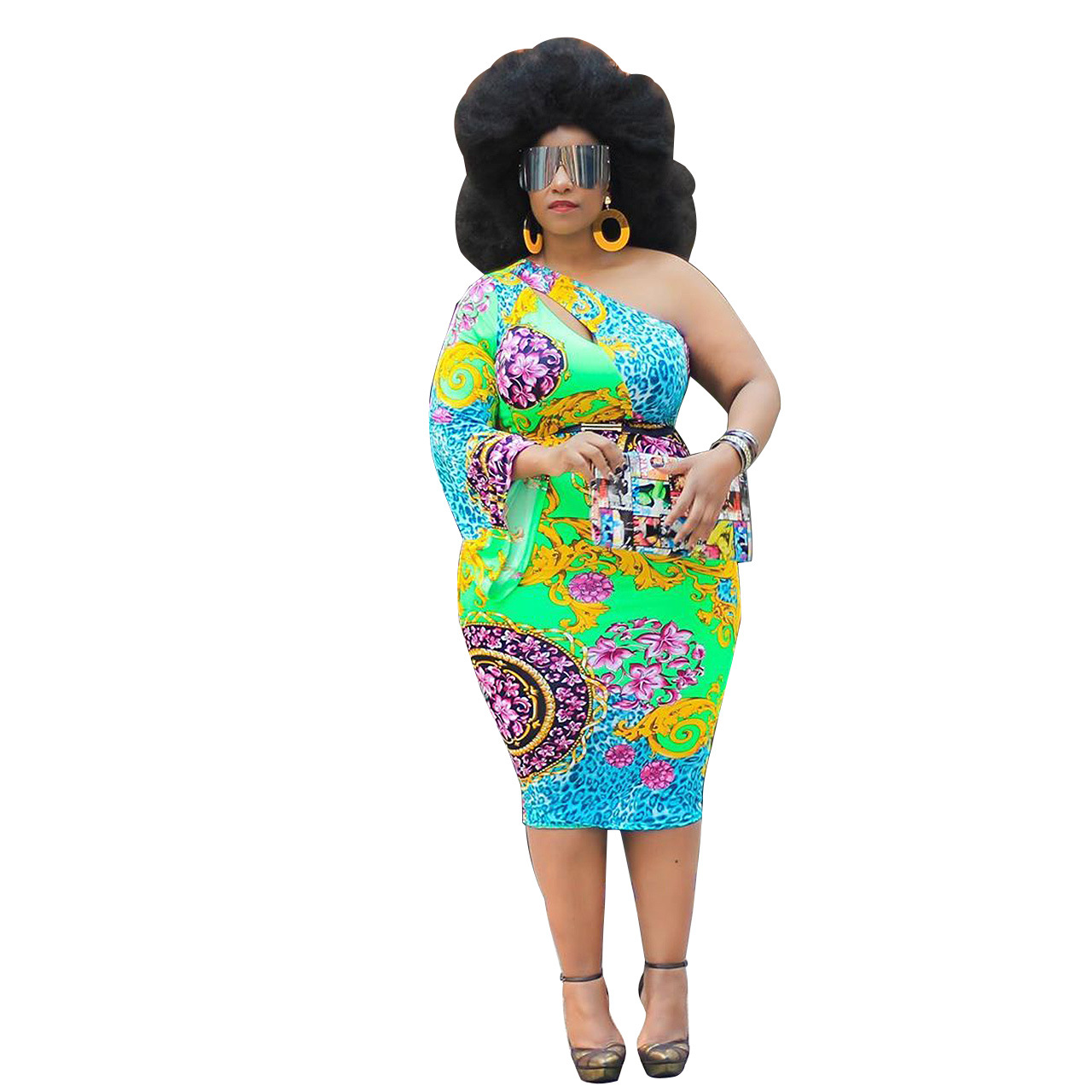 Plus Size One-Shoulder Long-Sleeved Retro Print Dress NSCYF68194