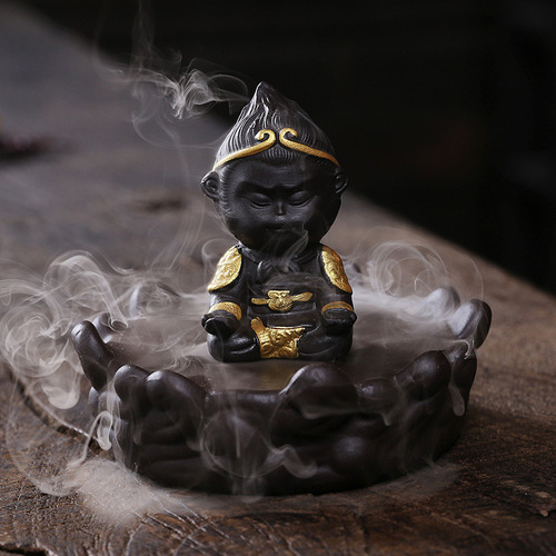 Cross-border purple sand Qitian Monkey King incense backflow incense burner creative windproof cover lotus Sun Wukong backflow incense burner ornaments