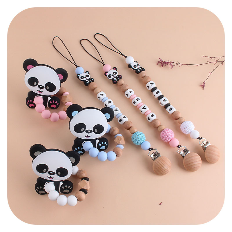 Bebé haya chupete clip de dibujos animados Panda juguete mordedor bebé nombre personalizable silicona Panda chupete cadena