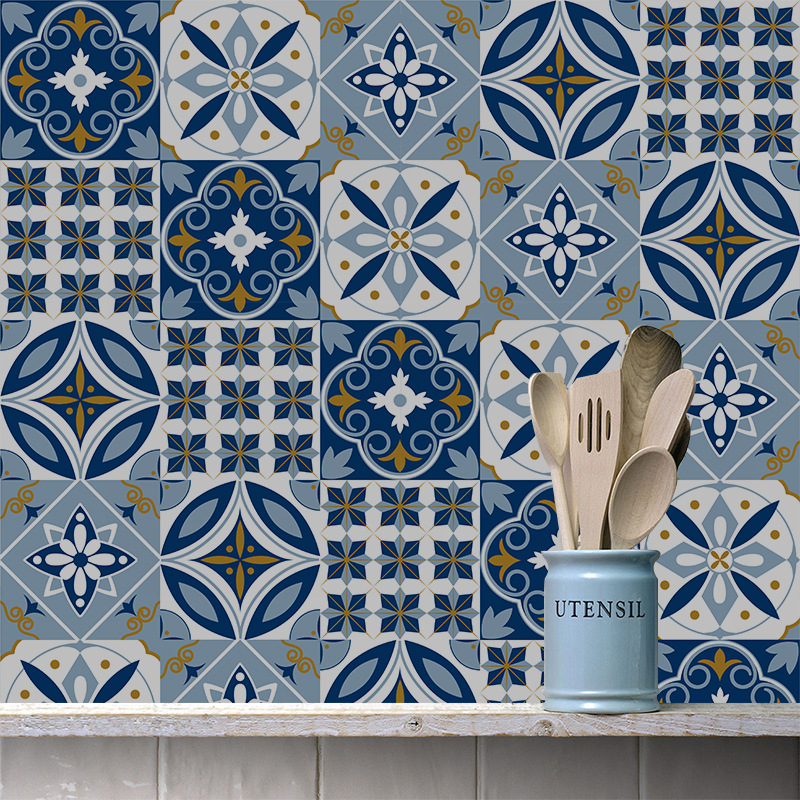 Cross border product Tile stickers kitchen floor Wall stickers waterproof Shower Room Home Furnishing waterproof non-slip Bluish white decorative pattern Wall stickers