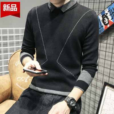 2020秋季毛衣男潮流假两件休闲针织衫男士条纹提花衬衫领打底线衫