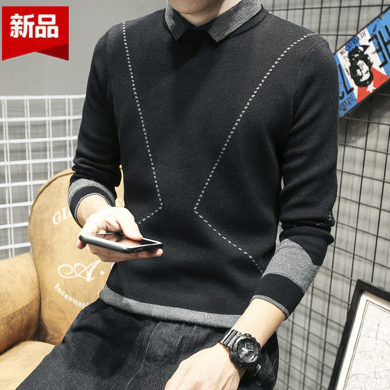 2020秋季毛衣男潮流假两件休闲针织衫男士条纹提花衬衫领打底线衫