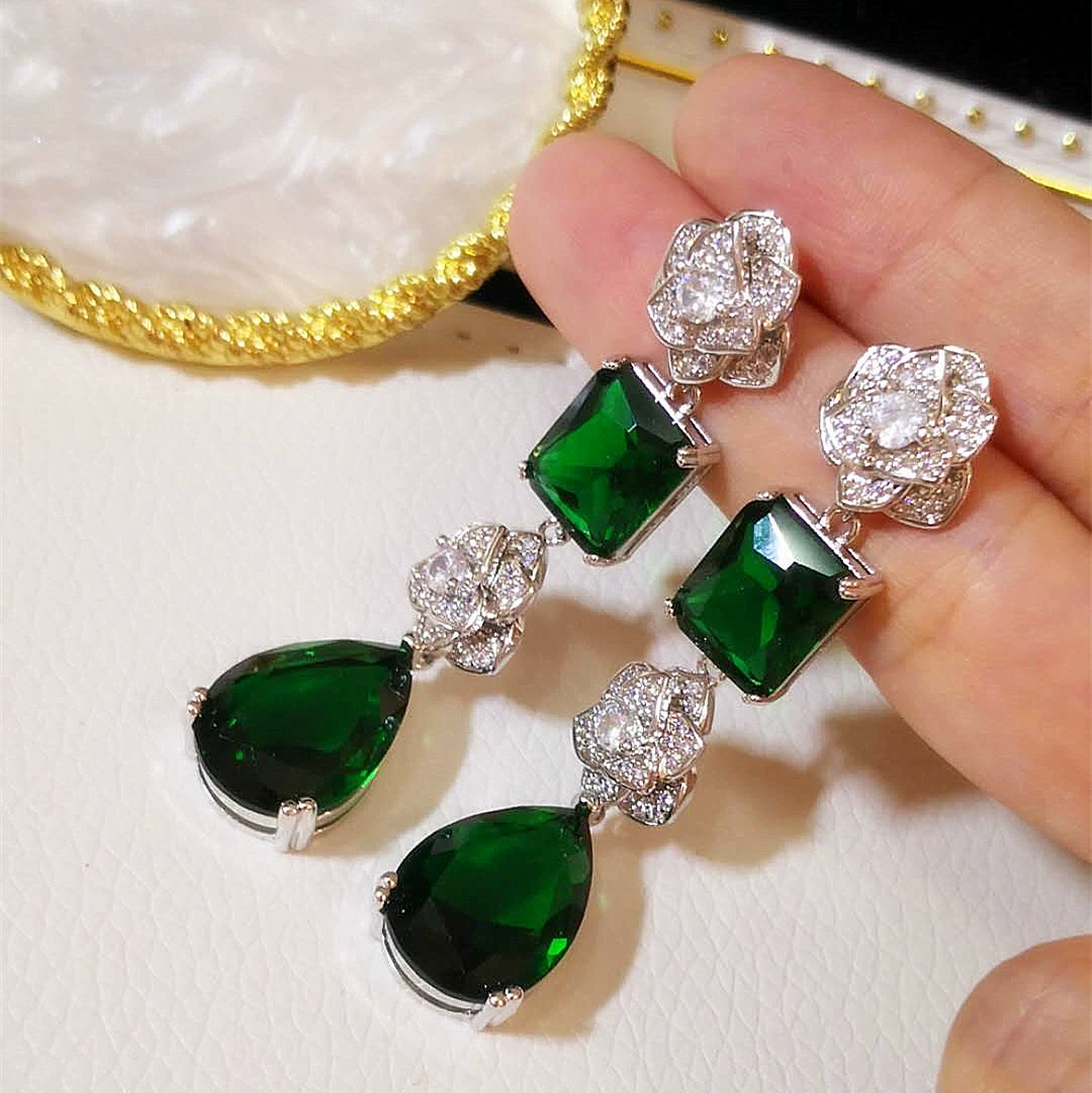 Серебряная игла, серьги из изумруда, инкрустация камнем, изящная циркония, образец серебра 925, интернет-знаменитость