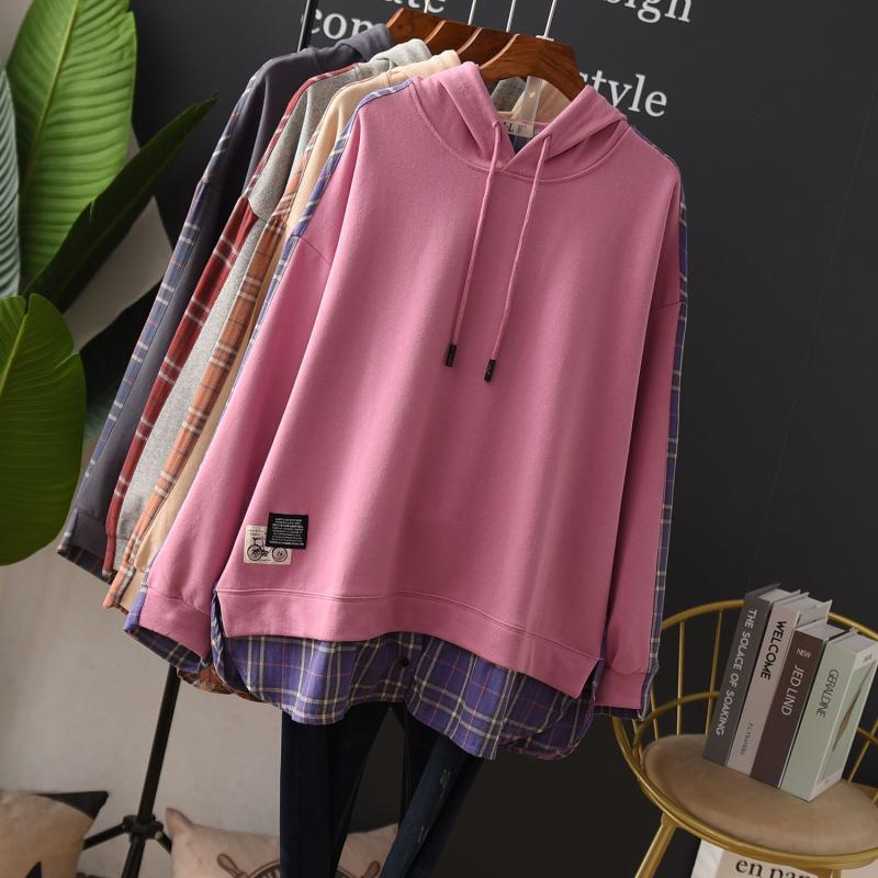new pattern Spring and autumn season XL Easy Korean Edition False two Color female Sweater hoodie Mid length version leisure time coat