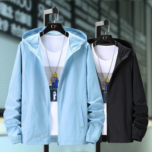 Summer Men Solid Color Sun Protective Skin Jacket Zipper Hooded Fashion Sun Protective Clothing Plus Size