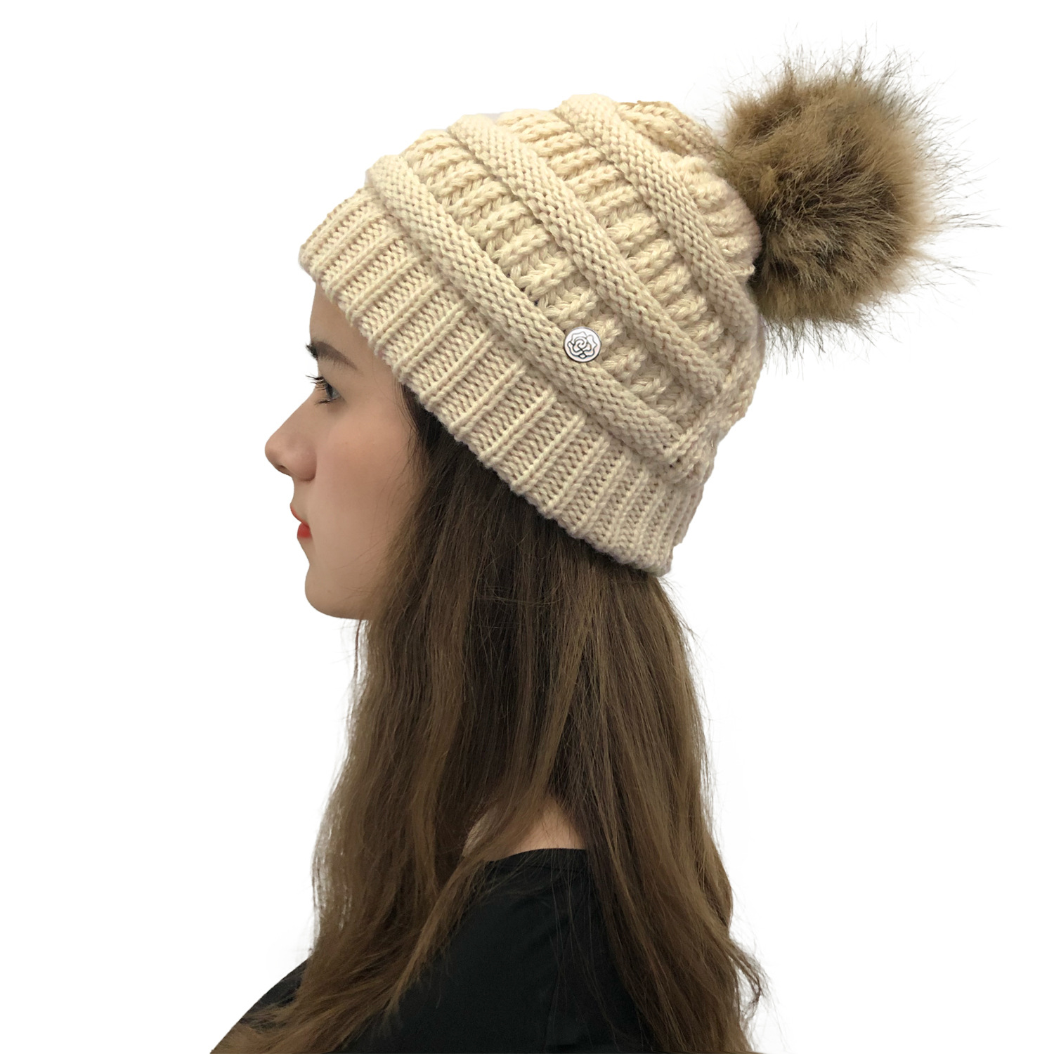 Crochet Ponytail Hat With Fur Pom Pom Mask Button Hat Hot Selling Knitted Hat Wool Ball Wool Hat Criss-cross