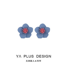 S925银针韩国气质梅子蓝色花朵耳环女超仙简约小巧耳钉耳夹无耳洞