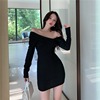 Sexy one line collar low chest off shoulder slim wrap hip skirt bottomed skirt long sleeve dress