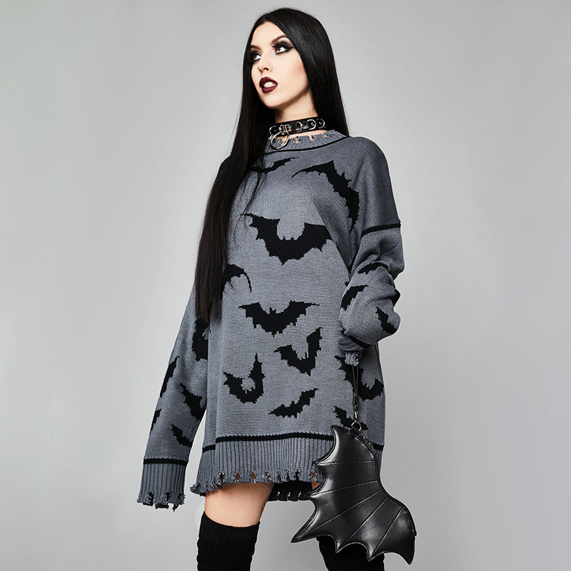 Loose Long-Sleeved Lengthened Bat Jacquard Tattered Edge Sweater NSGYB97746