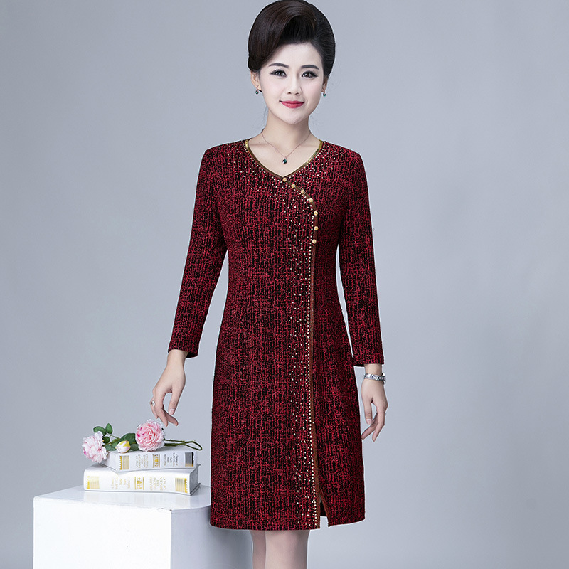 女式连衣裙2021春秋中老年妈妈金丝绒修身旗袍裙打底裙中长款女裙
