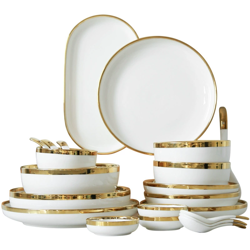 Ceramic Tableware Set, Light Luxury Pearl White with Gold Rim, Multiple Sizes