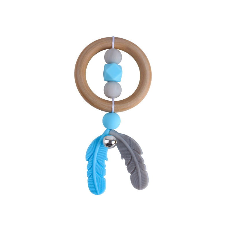 Nueva historieta DIY Hemu anillo de mano sonajero juguete mordedor infantil cuentas de plumas de silicona dientes de molienda palo