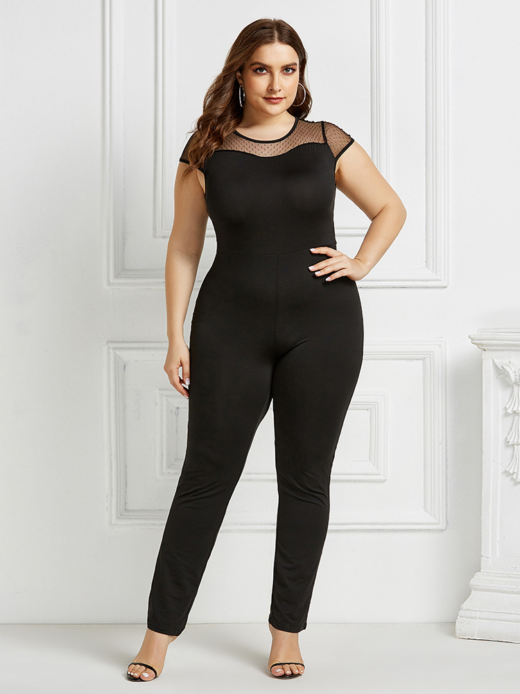 Mesh Stitching Sexy Large Size Fashion Short Sleeve Round Neck Jumpsuit NSLM33270