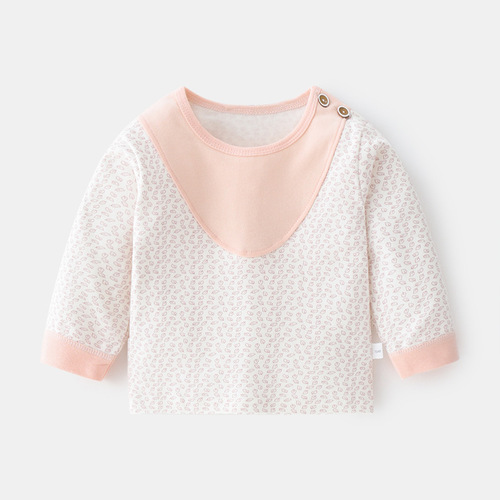 Baby pure cotton single-layer autumn and winter T-shirt patchwork cotton and wool 03 years old infant children spring and autumn shoulder opening base shirt children's clothing
