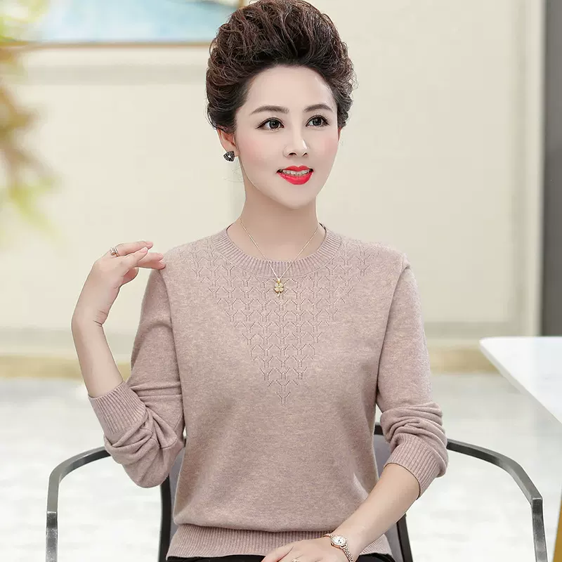 2024妈妈装新款洋气纯色毛衣中老年女装宽松打底衫圆领套头针织衫