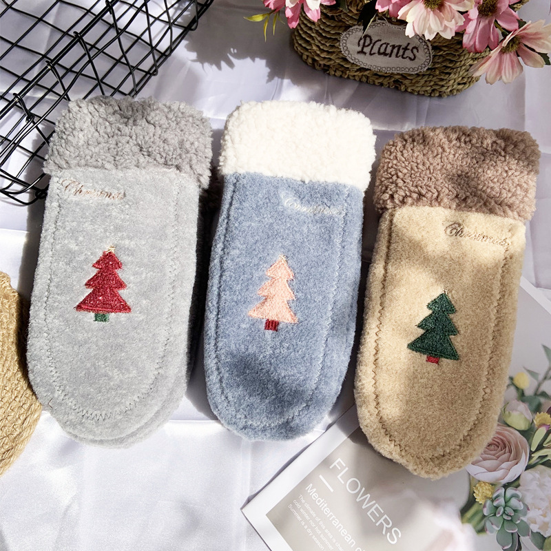 挂脖棉手套秋冬季冬天加绒加厚毛绒保暖韩版可爱女生ins圣诞树