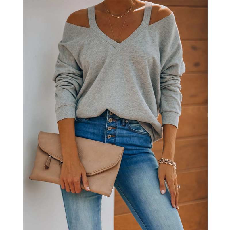 Loose Long-Sleeved Casual Solid Color V-Neck Sweatshirt NSHPH108594