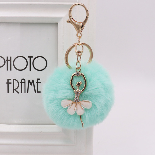 Creative cute rhinestone little angel car keychain imitation rex rabbit fur ball key chain ladies plush bag pendant