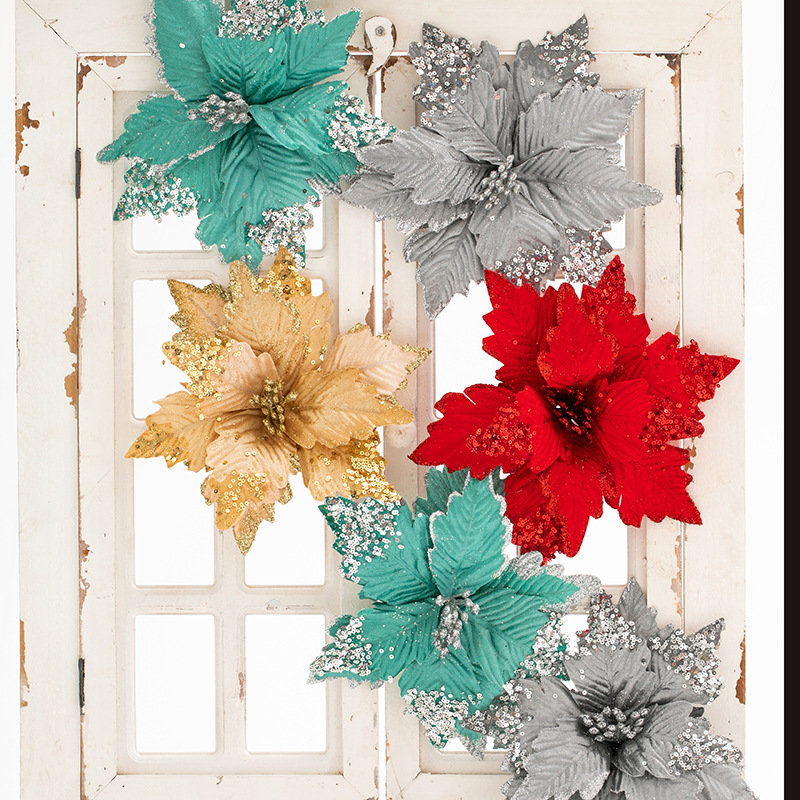 25cm flor de Navidad dorado rojo multicolor flor artificial hotel centro comercial de bodas Navidad ratán decoración flor falsa